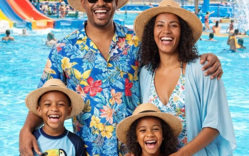 Familia disfrutando el parque acuático